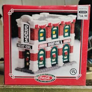 Vintage Coca Cola Holiday Village Night Owl Building with Red and Green